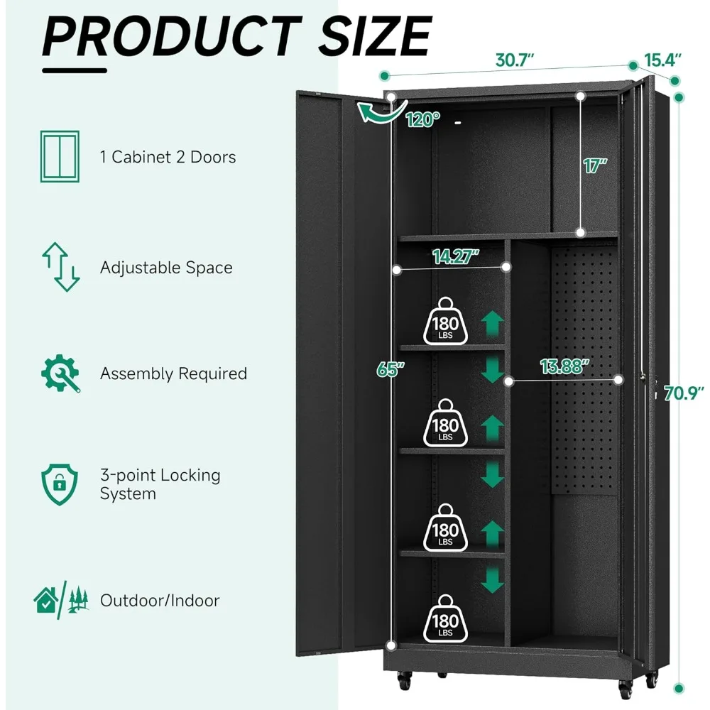 Metal Garage Storage Cabinet with Wheels,Rolling Tool Storage Cabinet with Lock,Steel Locking Cabinet with Locking Doors and Adj