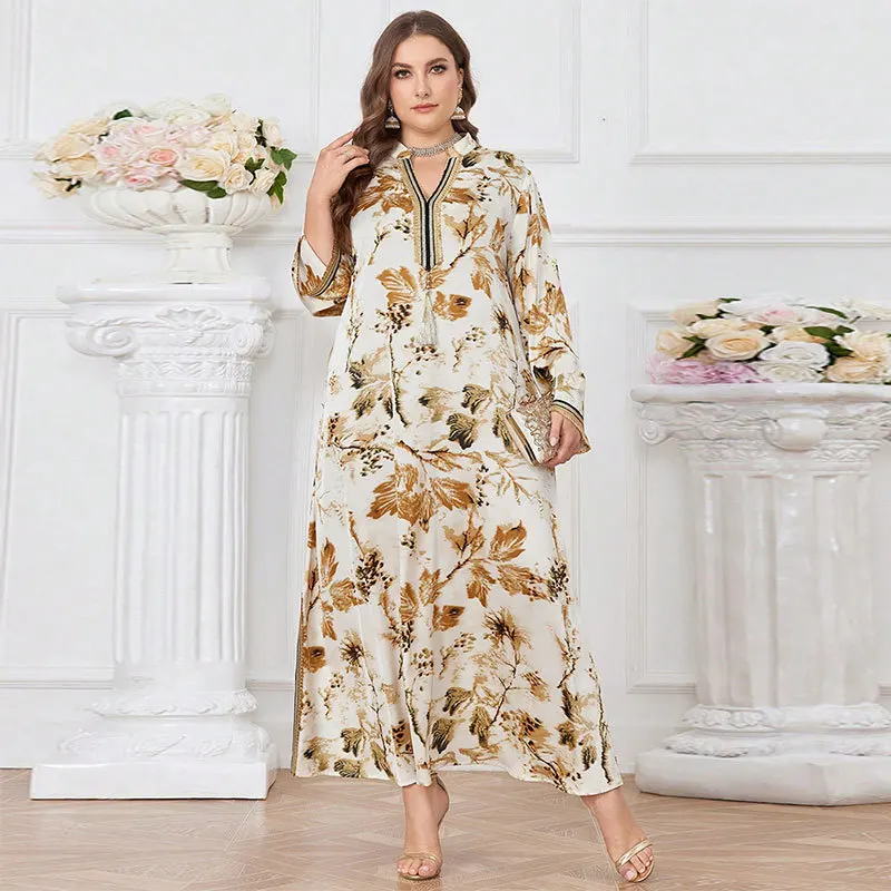 Abaya, Elegance Gold Printed V-neck Robe, Middle East Dubai Ladies Chiffon Toga Muslim Fresh Sweet Fringe Plus Size Dress Women