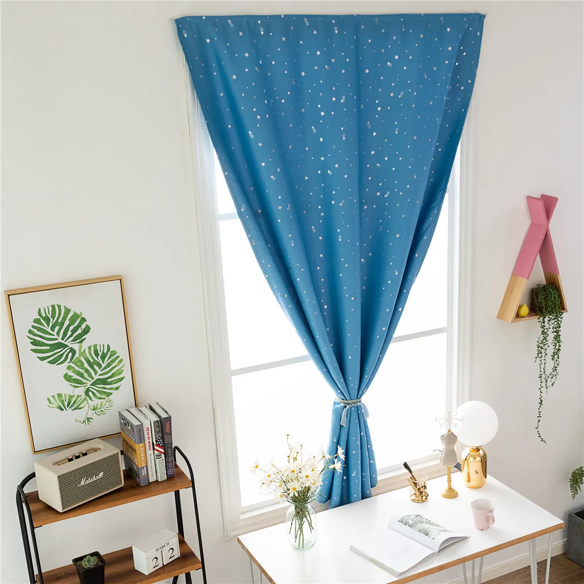 

1Pcs Blackout Curtain Punch Free Silver Star Decor Thick Window Curtain Tape Fix Bedroom Room 90x180cm Sky Blue