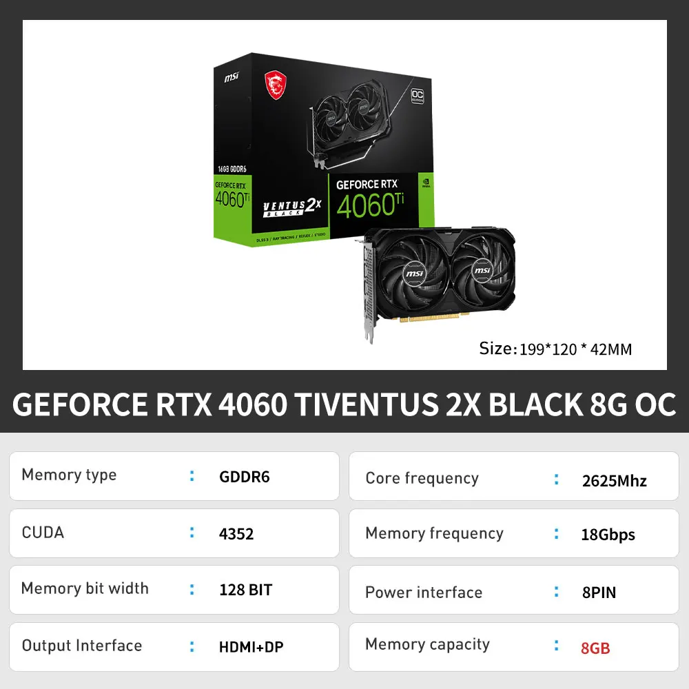 MSI RTX 4060ti 벤투스 블랙 2X 8G OC 게임용 그래픽 카드, 4060 4060ti rtx 4060 ti 128 비트 GDDR6 8 핀 5nm 데스크탑 비디오