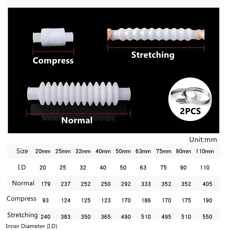 1PC I.D 20~110mm Silicone Corrugated Pipes Rubber Hose Expansion and Bending Water Tube PVC Flexible Connection Threaded Pipe