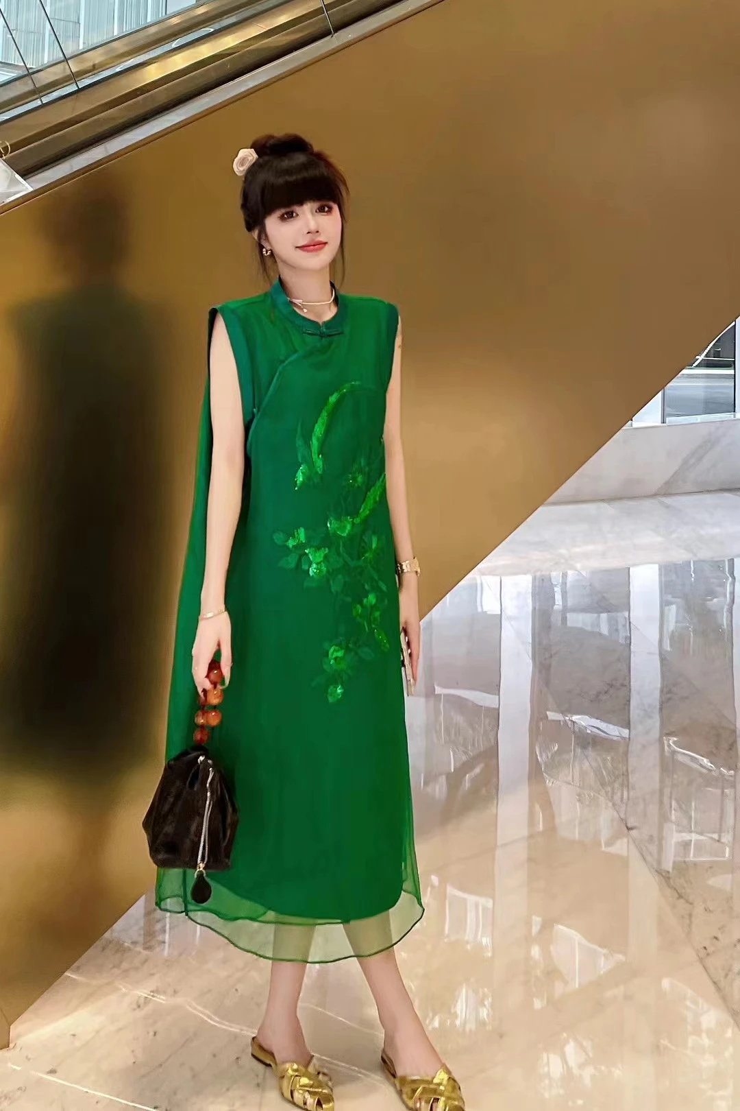 High End Summer New Chinese Style Silk Organza Embroidered O-Neck Single Breasted+Lace Up Sleeveless Woman Dress S-XL