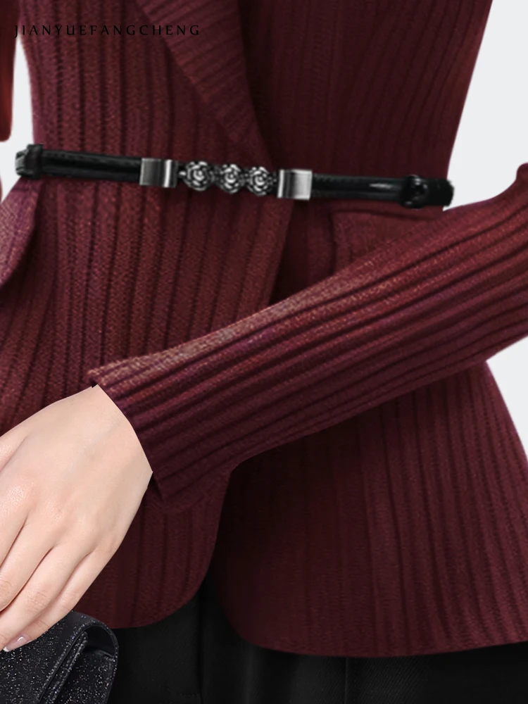 Fashion Lapel Collar Women Sweater With Belt Elegant Slim Striped Knitted Tops Long Sleeve V-neck Warm Thicken Wool Cardigans