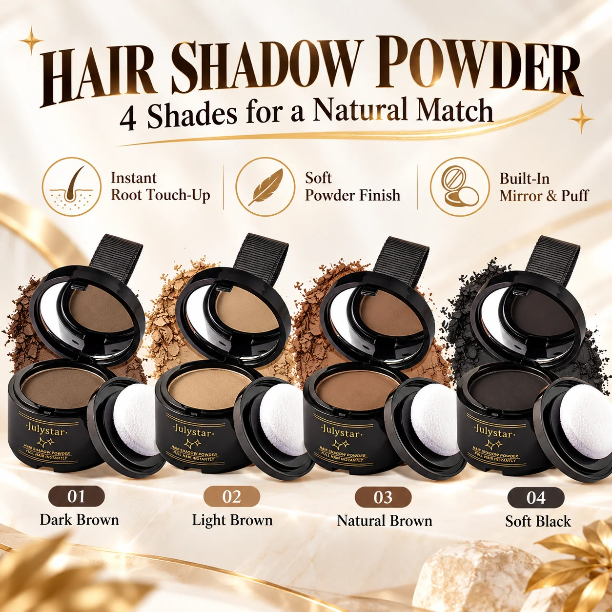 Hair Shadow Powder with Mirror & Puff, Instantly Cover Hairline, Thin Hair Concealer, Waterproof Hair Filling Powder 4 Colors