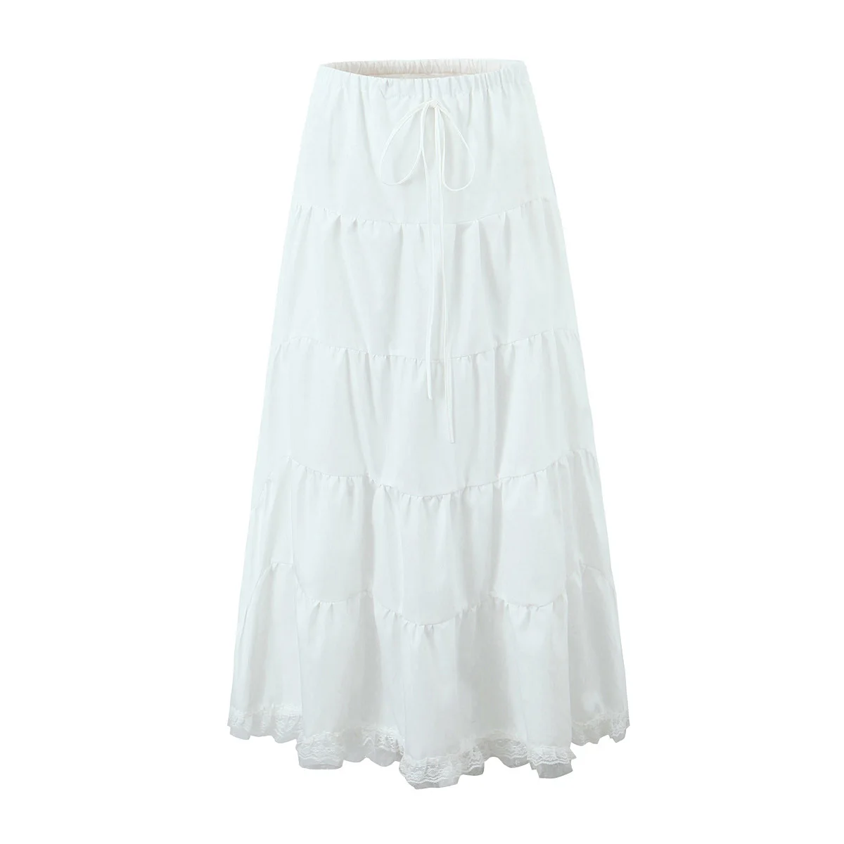 2024 White Spliced Lace Ruched Chest Corset Tank Top + Sexy Women Elastic Waist A-line Midi Long Cake Skirt 2 Pieces Set