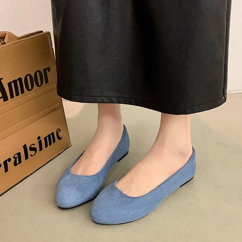 Woman Casual Round Toe Cute Flats Flock Mocasines Ballerina Church Flats Female Suede Elegant Soft Sole Mom Blue Green Red Shoes