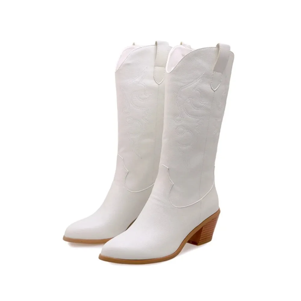 

Mid -Calf Boots Women Fashion Embroidery Pointed Toe Autumn Winter Warm Platform Western Knight Boots Plus Size 53 54 M7772