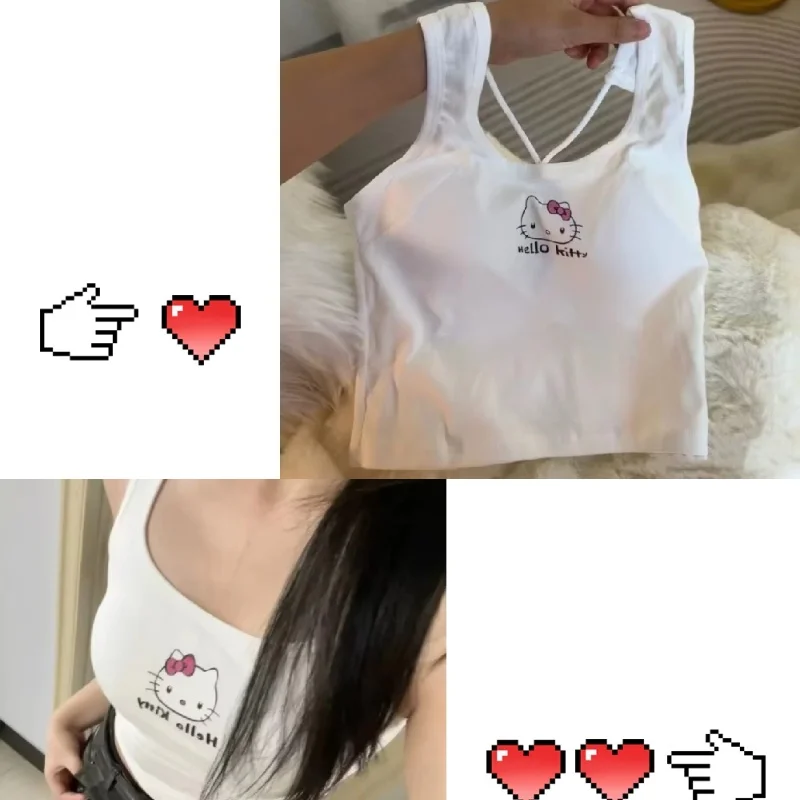 

New Cartoon Cute Hello Kitty Exclusive Beauty Strap Chest Mat Breathable Sleeveless T-Shirt Slim Fit Pure Desire Hot Girl Top