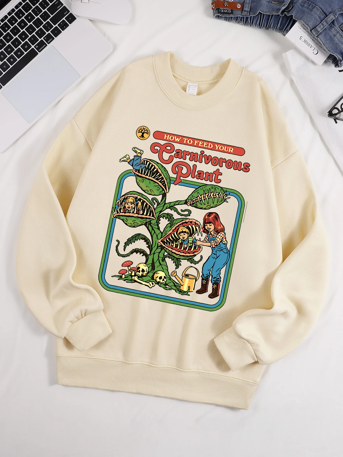 How To Feed Your Earnivorous Plant Bedrucktes Herren-Sweatshirt mit O-Ausschnitt, weicher Pullover, Hip-Hop-Fleece-Kleidung, lockeres Unisex-Freizeitoberteil