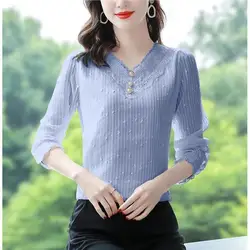 Ladies Spring Fashion Simplicity Office Lady Lace Dingzhu Buttons 3D Loose V-neck Pullover Long Sleeve Women Clothes Top Tee