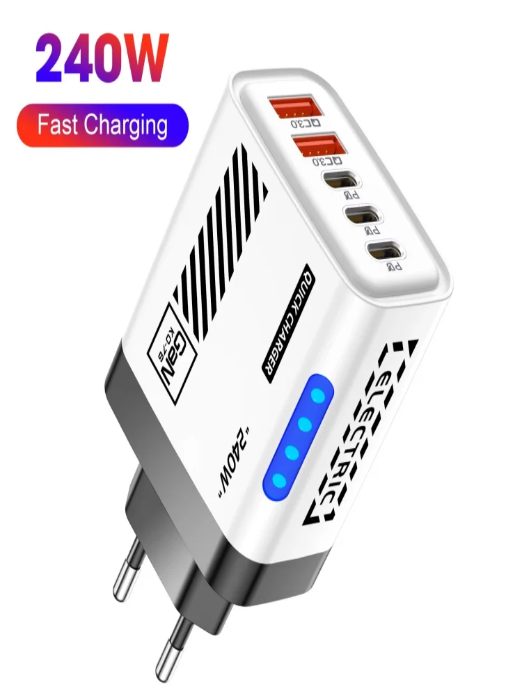 5-Port-GaN-USB-C-Ladegerät 240W PD Schnellladegerät Telefonadapter Wandladegerät für iPhone Samsung Xiaomi Huawei Schnellladestecker