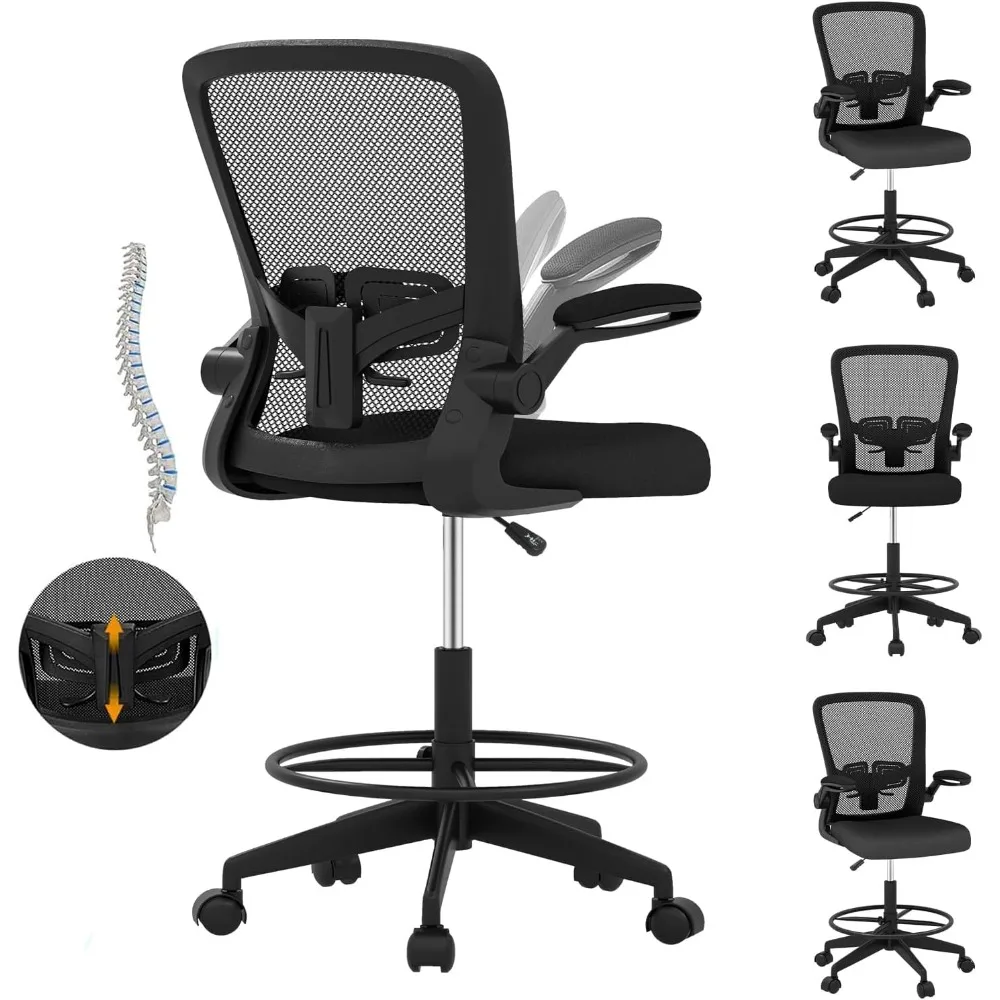 

Drafting Chair, Ergonomic Tall Office Chair Stool Standing Desk Chair with High Back and Flip-up Armrests Adjustable Rolling