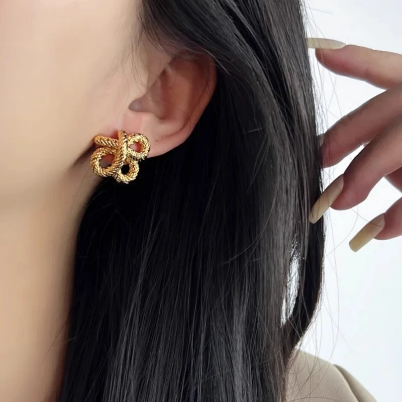 New 925 Sterling Silver Stud Earrings Floral Knot String Gold Color Punk For Women Girl Gift Jewelry Dropshipping Wholesale