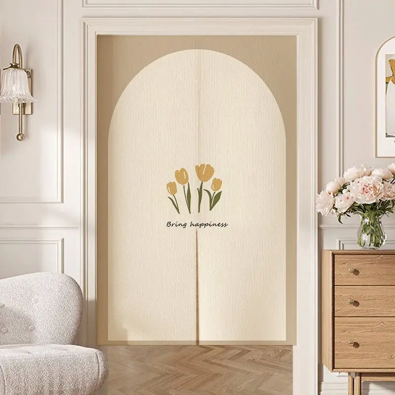 VIKAMA Door Curtain Arch Tulip Print Room Divider for Living Room Kitchen Entrance Half Curtain Bring Happiness Decor