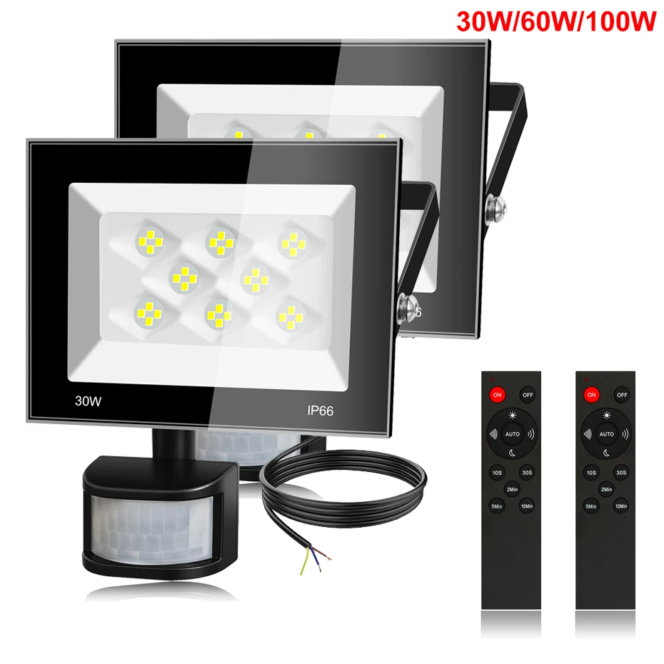 2pcs-led-floodlight-pir-motion-sensor-with-ir-remote-ac220v-30w-60w-100w-waterproof-outdoor-garden-projector-6500k-led-spotlight