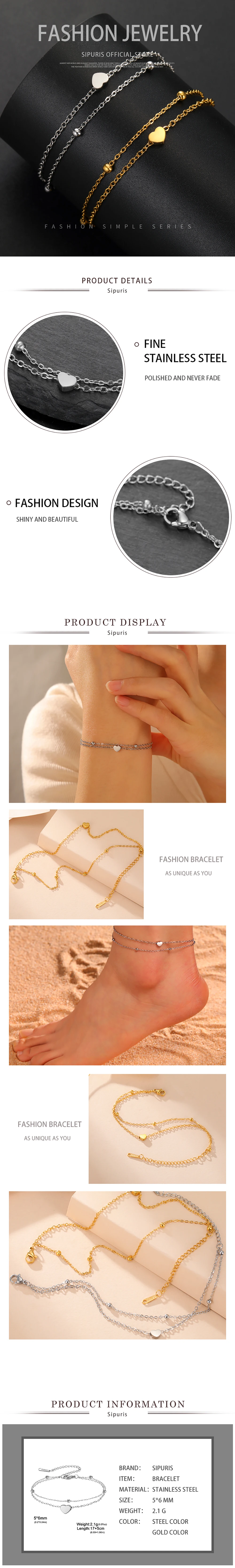 Sipuris Herzarmband und Fußkettchen für Damen, Edelstahl, doppelte Perlenkette, süßer, modischer Anhänger, Schmuck, Geburtstagsgeschenke – Detail 5