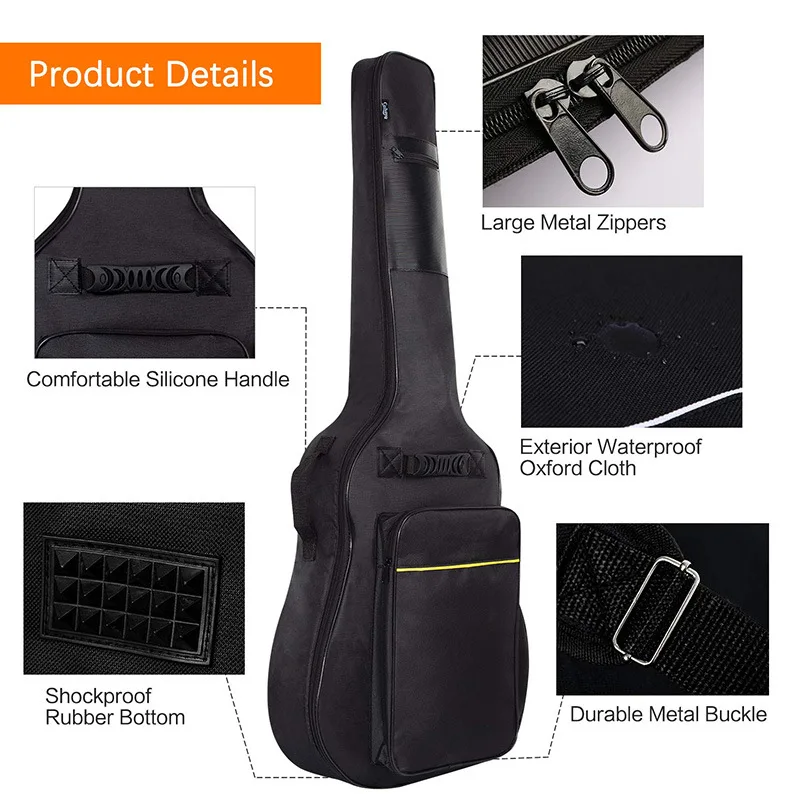 Classic 40/41 Inch Oxford Fabric Acoustic Guitar Bag Waterproof Backpack 5mm Cotton Double Shoulder Straps Padded Soft Case