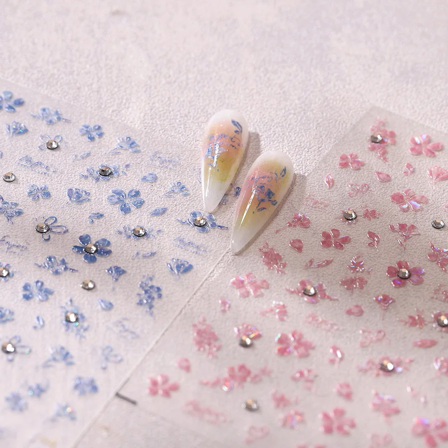 1PCS Pink Bule Cherry Blossom Nail Stickers 3D 5D Luxury Rhinestones Flower Adhesive Nail Sticker DIY Manicure Decoration Decals