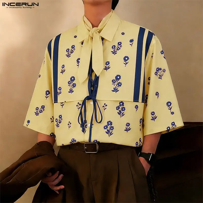 INCERUN Men's Shirt Flower Print Patchwork Lapel Half Sleeve Men Clothes Streetwear Lace Up Fashion Casual Tops For Man Shirts