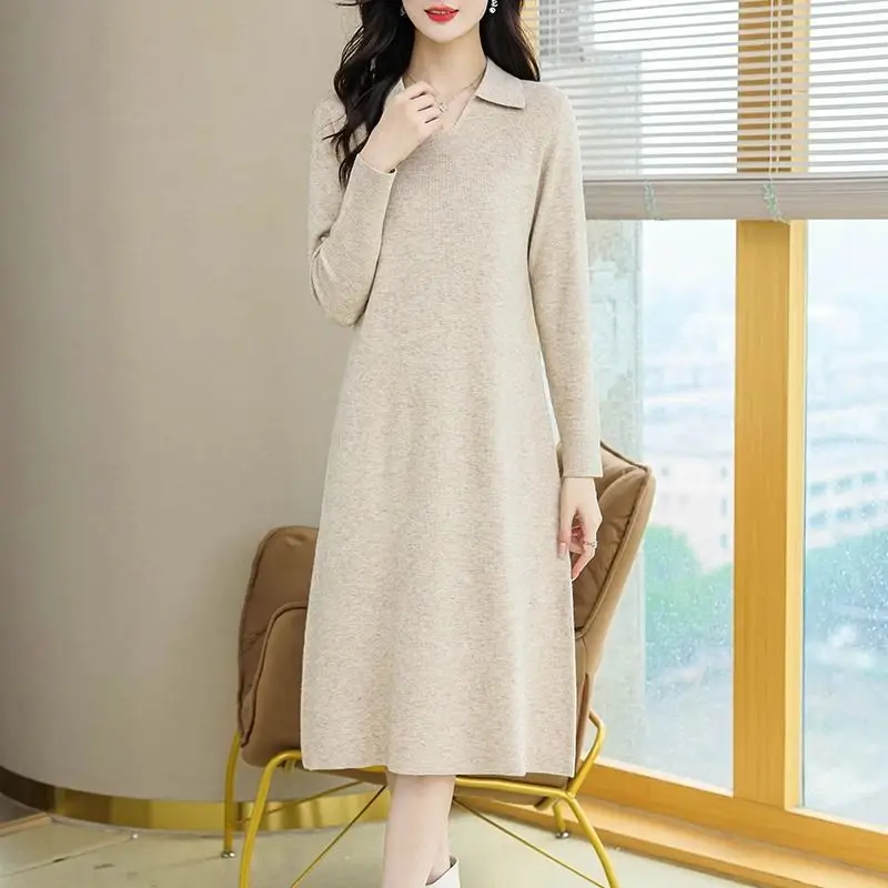 

Autumn Winter Fashion Long Sleeve Turn-down Collar Solid Dresses Women's Clothing Waist Retraction French Style Knitting Dresses