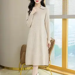 Autumn Winter Fashion Long Sleeve Turn-down Collar Solid Dresses Women's Clothing Waist Retraction French Style Knitting Dresses