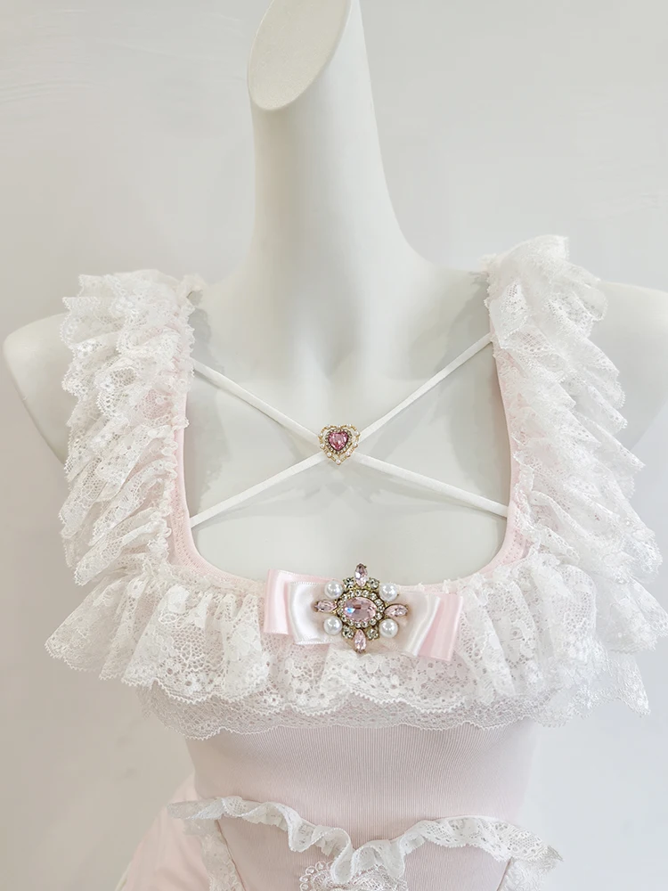 

Розовые топы на бретелях, женские летние топы с кружевной отделкой и квадратным воротником в стиле Лолиты, милый топ для девочек Kawaii