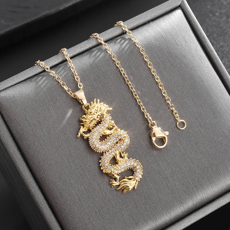 Exquisite Shining Cubic Zirconia Auspicious Dragon Pendant Necklace for Men Women Fashion Lucky Amulet Jewelry Gifts