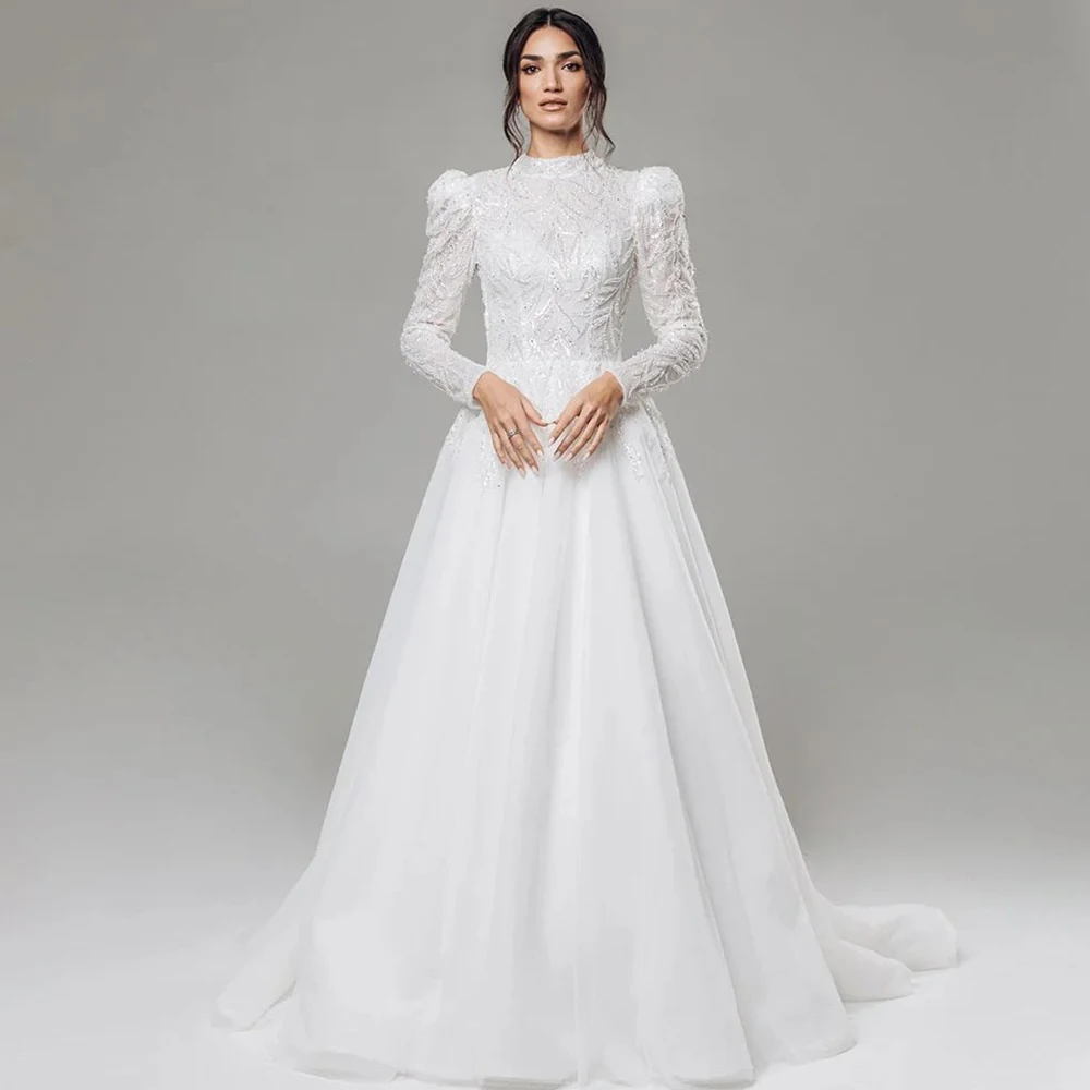 

Exquisite Bride A-Line Wedding Dress High Neck Long Sleeves Muslim Floor Length Beading Applique Sweep Train Customized Gowns