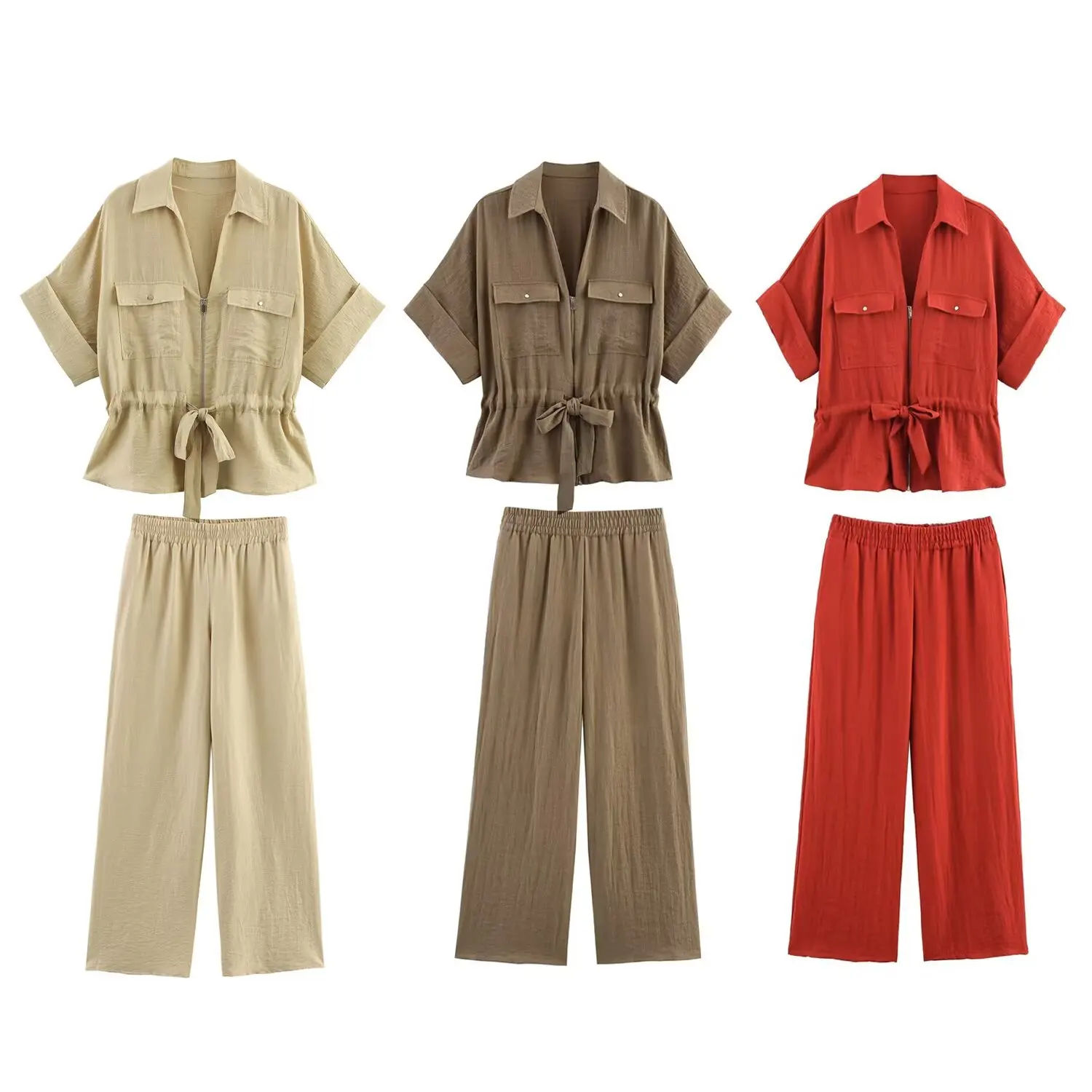 

Women's new fashion with Belt loose short sleeved zipper shirt retro lapel women's shirt chic top+Pants Women's suit