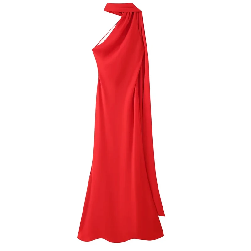 HXAO レッド レディースドレス オフショルダー ホルターネック パーティードレス 2025 女性用 夏 サテン エレガントドレス バックレス セクシー マキシドレス