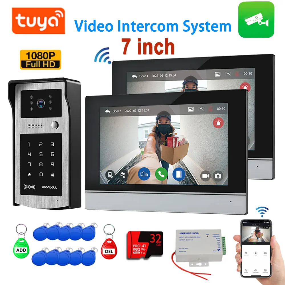 

Tuya WiFi Video Doorphone 4 Wire 7 Inch Touch Screen 1080P Camera Video Doorbell 1V1 / 1V2 Intercom System Password / APP Unlock