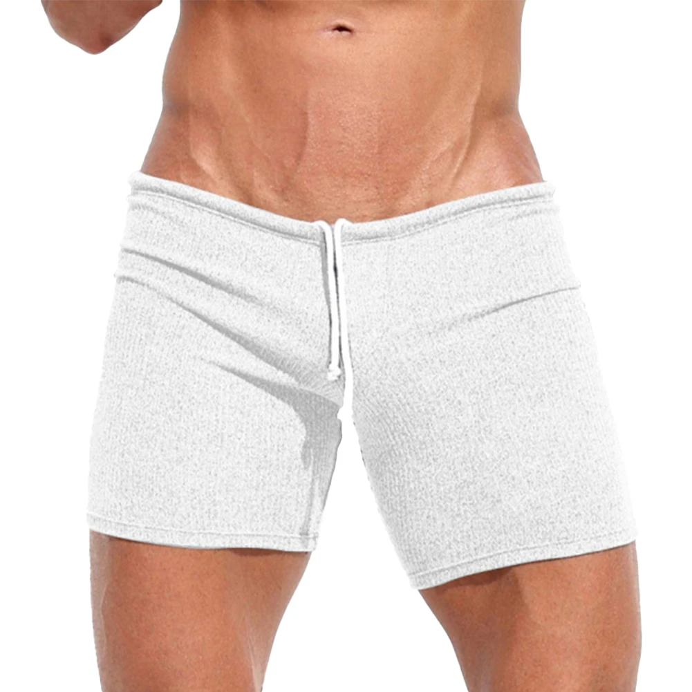 Mens Sexy Drawstring  Ribbed Sleepwear Shorts Outdoor Sports Jogging Gym Sportswear Short Pants Holiday Casual Slim Male Shorts