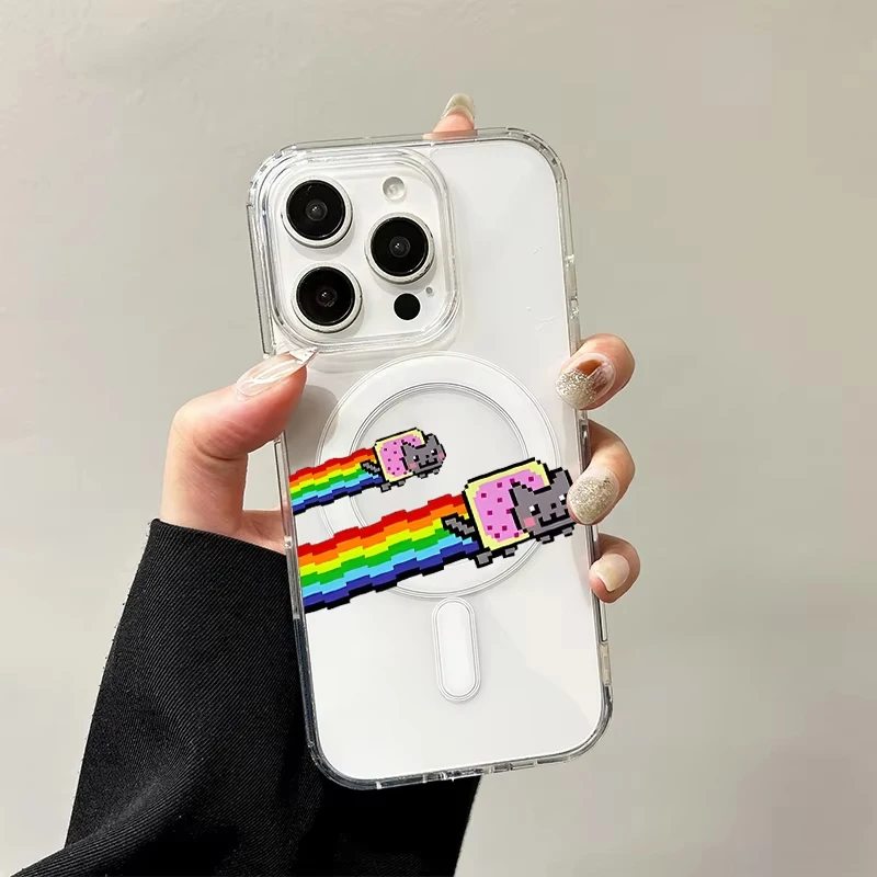 Kawaii قوس قزح القط Magsafe حافظة هاتف مغناطيسية آيفون 17 الهواء 16e 16 برو ماكس 15 14 زائد 13 12 Mini 11 غطاء خلفي شفاف