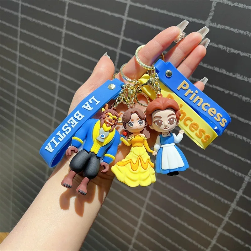 Disney Cartoon Beauty And Beast Keychain For Bags Cute Cartoon Princess Labelle Prince Couple Phone Pendant Christmas Gifts