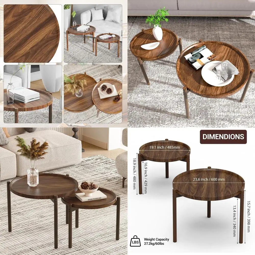 

Compact Nesting Coffee Tables Duo, Round Side Tables, Ideal for Living Spaces, Bedrooms, and Balconies