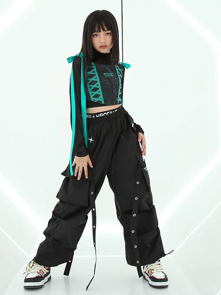 Kids Jazz Dance Kostuum Meisjes Hiphop Performance Kleding Lange Mouwen Crop Tops Groene Broek Streetdance Outfit Mode Bl11874