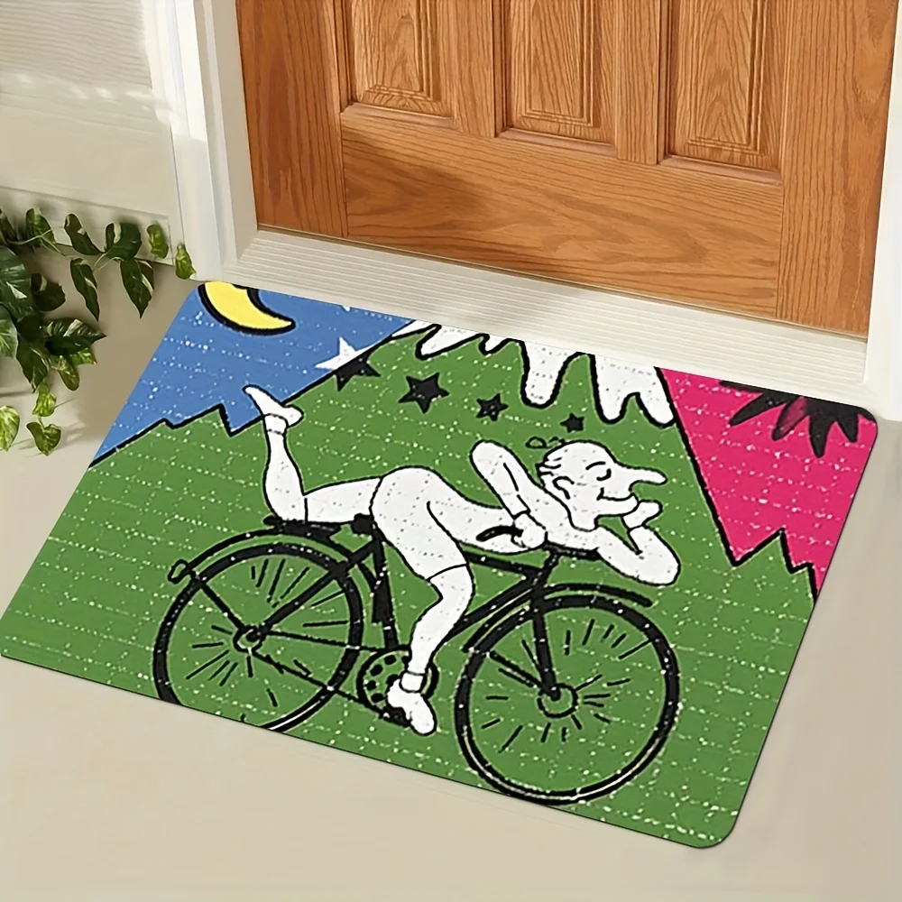 1pc Happy Cycling Character Design Floor Mat - Soft Durable  Polyester, Machine Washable Non-Slip Indoor/Outdoor Mat for