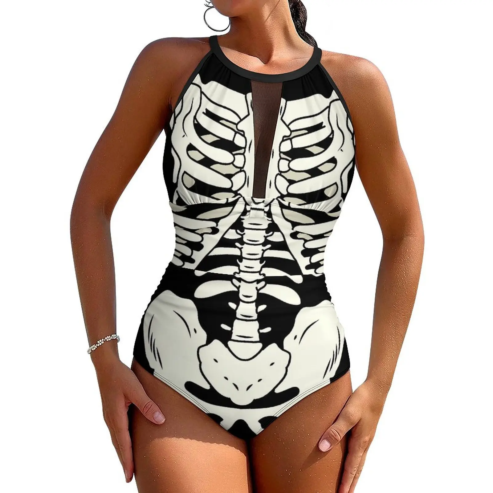 Skeleton Swimsuit Bones Print Swimwear One Piece Fitness Graphic Swimsuits Cut Out Bathing Suits Lady Push Up Sexy Beach Outfits