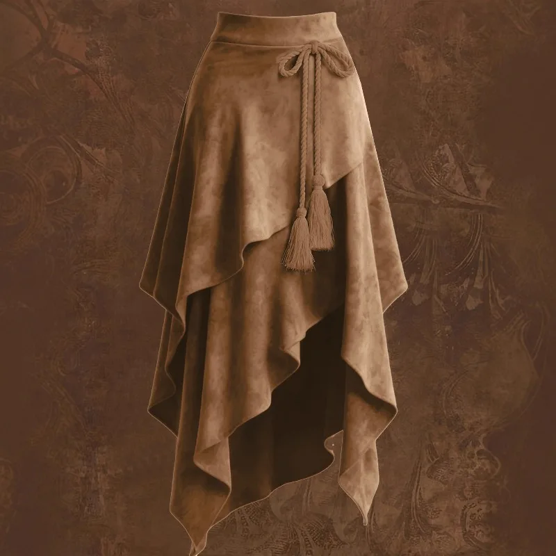 New Cross-border European and American Women's Retro Western Irregular Rope Tie Tassel Deerskin Fleece Skirt Simple and Stylish