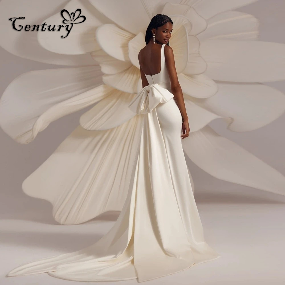 

Mermaid Wedding Dress 2025 Detachable Bow Train Square Collar African Bride Dresses Simple Wedding Gowns Backless Customized