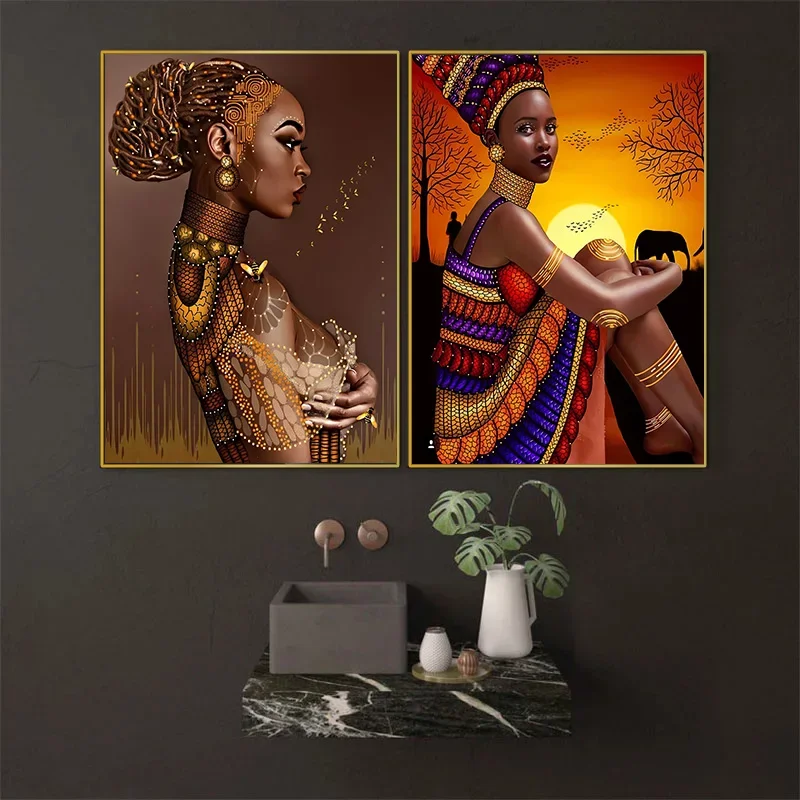 African Woman Canvas Painting Beautiful Black Women Wall Art Poster Modern Living Room Interior Aesthetic Picture for Home Decor