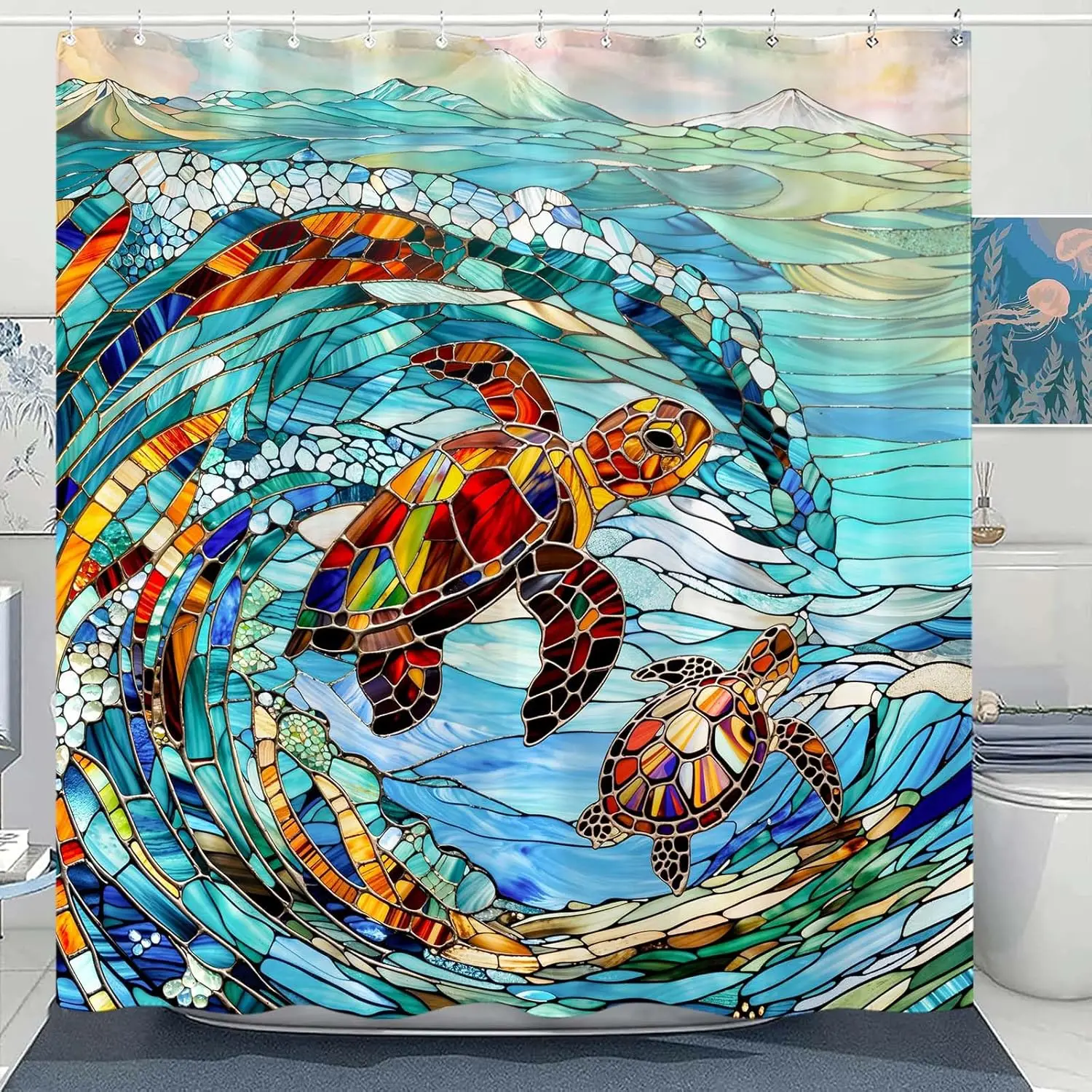 

Turtle Shower Curtain Stained Glass Shower Curtain Blue Shower Curtains for Bathroom Wave Shower Curtain Set with 12 Hoo