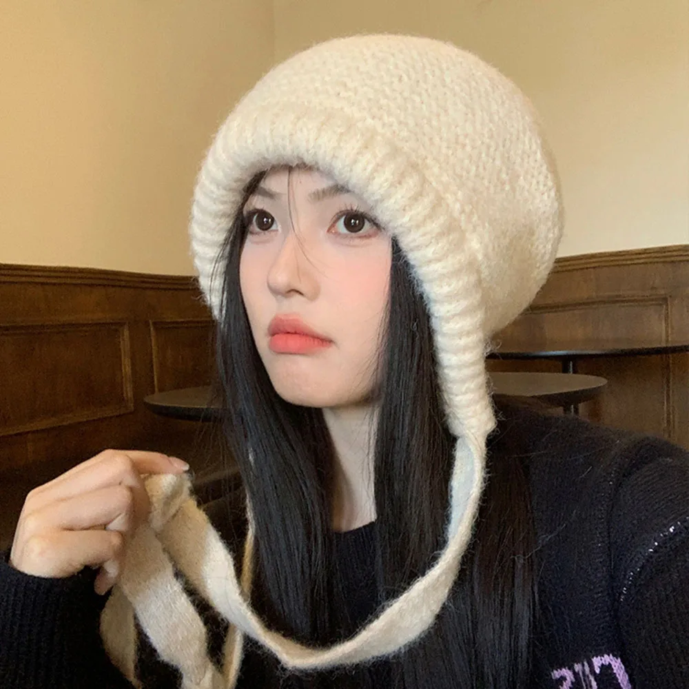 Funny Thicken Knitted Hat Dual Use Bag Women Winter Warm Pullover Hat Strap Skullie Cycling Ear Protection Cap Accessories