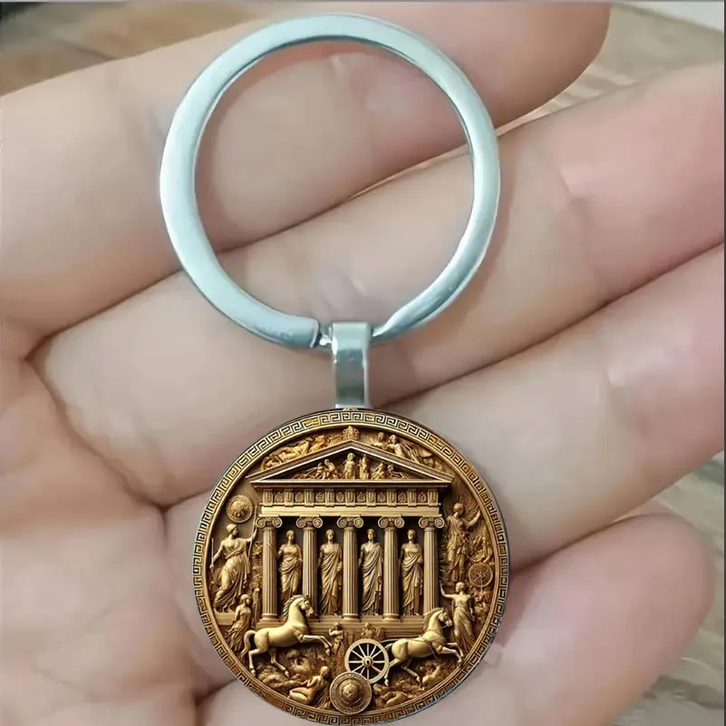 Porte-clés circulaire sur le thème de la mythologie grecque antique, motif clé grecque vintage, cadeau pour les passionnés d'histoire
