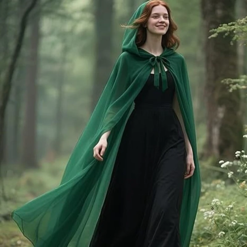 Black Sheer Tulle Hooded Cape, Long Flowing Cloak with Neck Tie Closure, Gothic Witch Cosplay Wrap for Halloween Party Dress‑up view 3