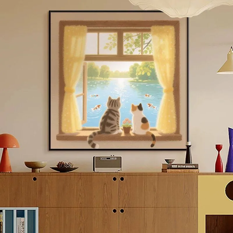 Window sill cat modern simple living room warm decorative painting cartoon hand-painted oil painting sofa wall