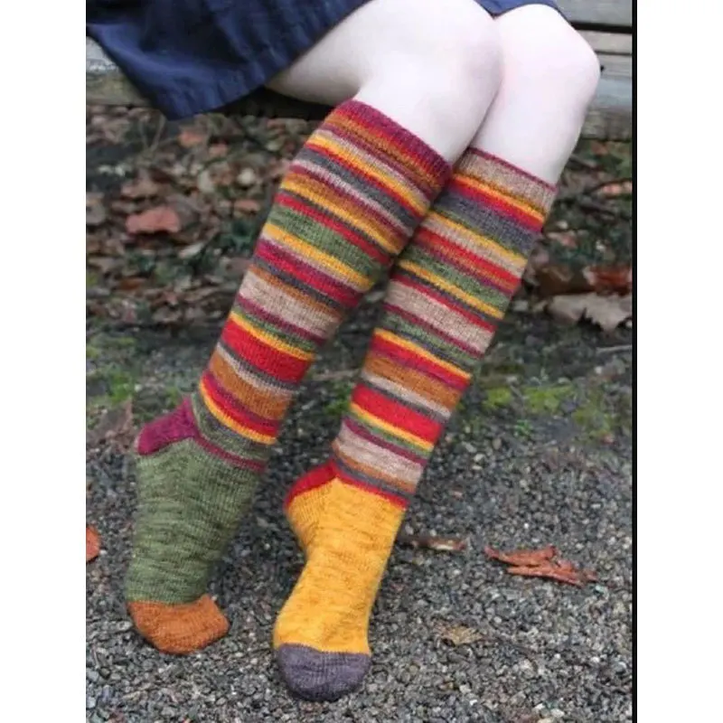Christmas Colorful Stripes Cotton Calf Socks For Women Casual Knee Socks Female Christmas Party Clothing Accessories Stockings