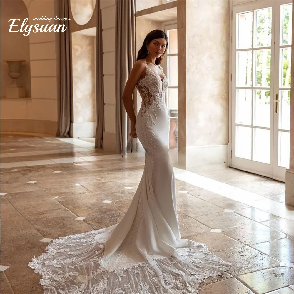 Роскошные свадебные платья русалки с v-образным вырезом по индивидуальному заказу для женщин, кружевные аппликации на бретельках, халат De Mariee, свадебное платье с открытой спиной