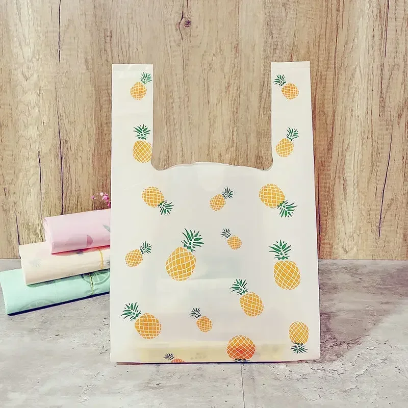 50pcs Fruit Patterns Colored Vest Style Plastic Bag  Green Cake Desserts Takeaway Pocket Pink Fresh Fruit Snack Handbag