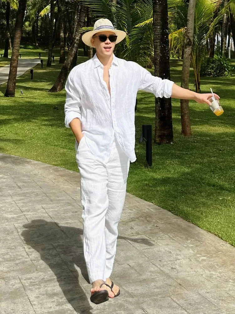 

Элитный повседневный комплект из хлопка и льна: мужская рубашка с воротником-стойкой и длинными рукавами, свободные брюки, костюм-двойка для мужчин среднего возраста